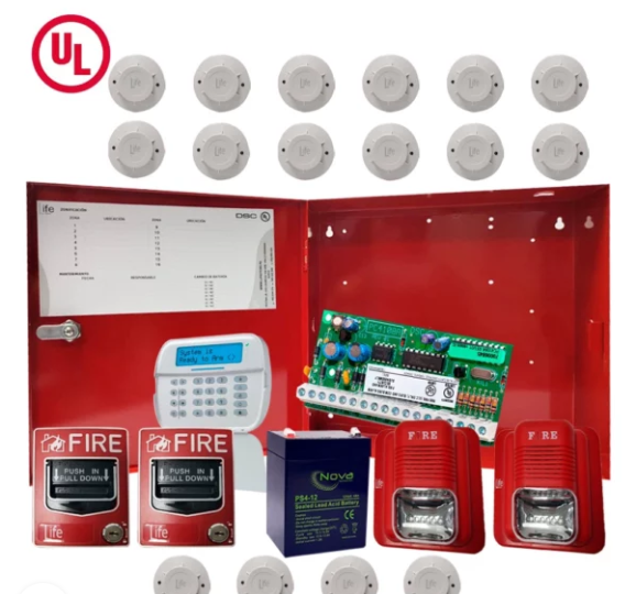 ACI-20UL-LCD - KIT DE ALARMA CONTRA INCENDIO CENTRALIZADO CON PANEL 8 HASTA 32 ZONAS EXPANDIBLE CERTIFICADO UL + 20 DISPOSITIVOS LIFE + BATERIA