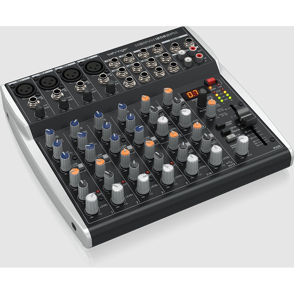 MEZCLADOR DE 12 CANALES 1202SFX CON INTERFAZ DE TRANSMISIÓN USB, 4 XLR, 12 TRS, EQ DE 3 BANDAS, 100 PREAJUSTES DE EFECTOS Y 1 ENVÍO FX